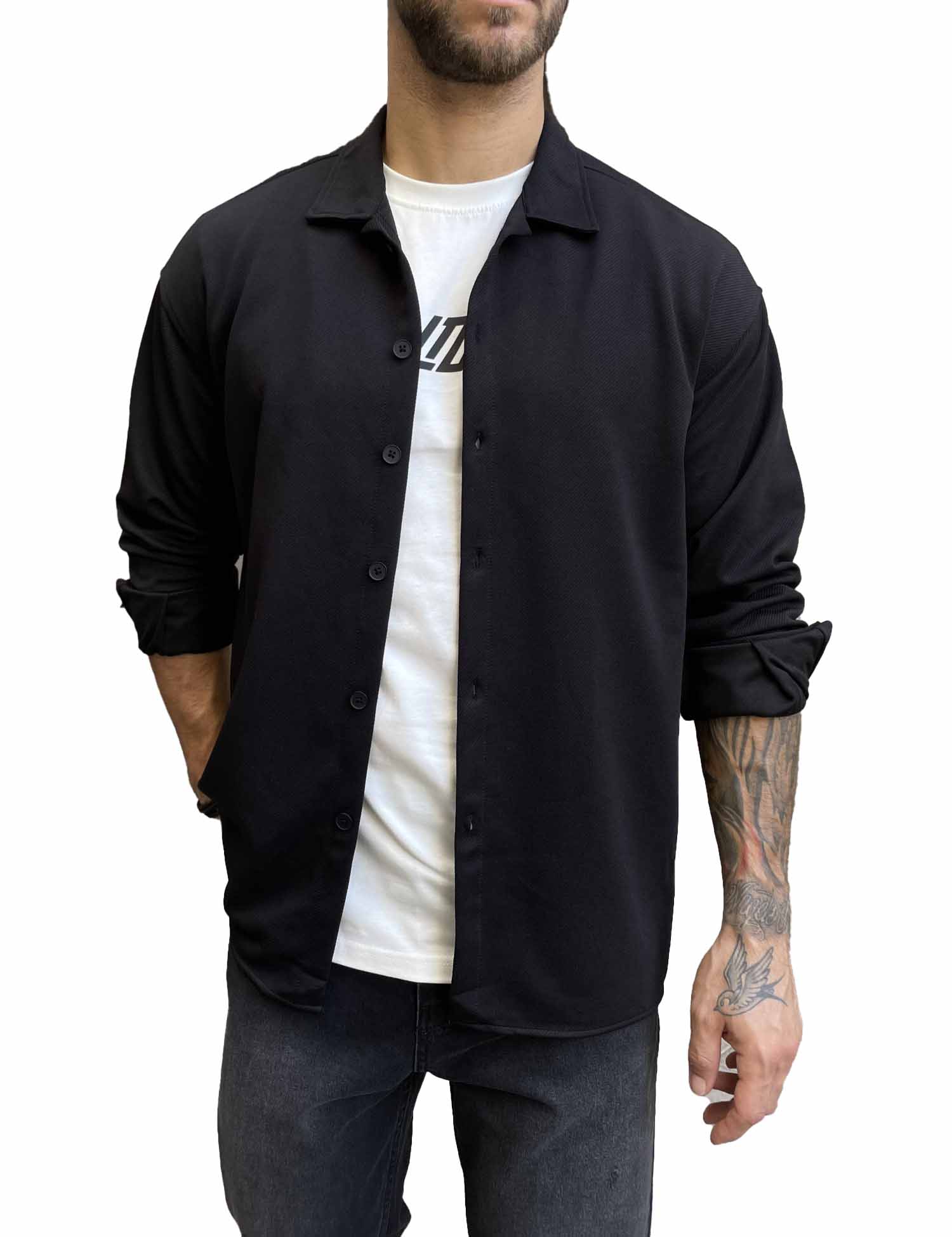 Ανδρικό μαύρο διαγωνάλ Overshirt με γιακά RMZ456 φωτογραφία